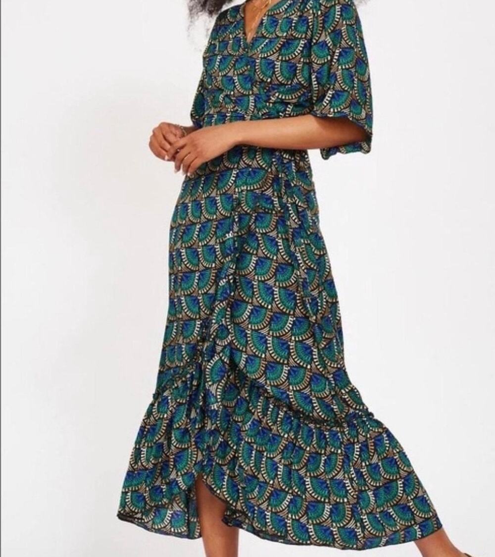Silk & Salt Journey Maxi African Peacock Tiered Ruffle Wrap Dress-Size M